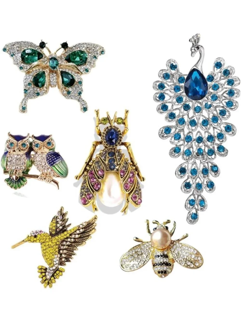 Vintage Crystal Rhinestone Brooch Set - 6pcs Butterfly, Hummingbird & Bee Pins